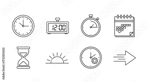 Set of hand drawn time icons clock stopwatch hourglass calendar and sunrise symbols vector