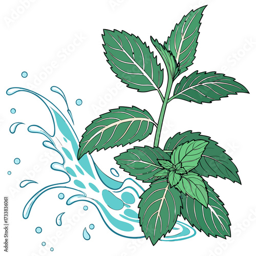 Fresh Green Mint Leaves with Water Splash Isolated on Transparent Background. Fresh green mint leaves splashing in clear water isolated on white background.