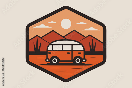 Vintage Orange Campervan Illustration with Mountains, Sky, Sun, and Cloud in Framed Badge