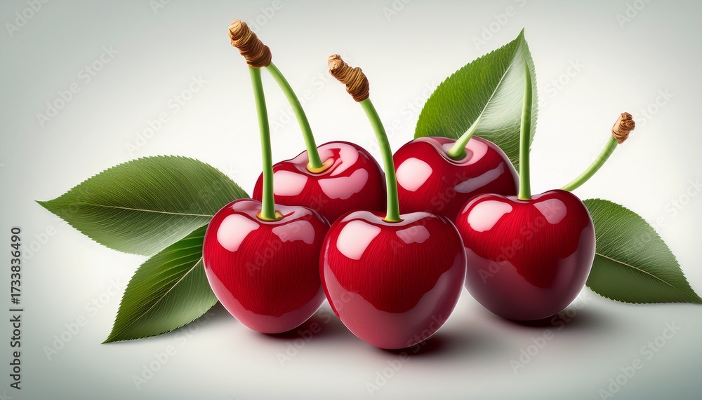 Obraz premium Red Cherries With Leaves Illustration