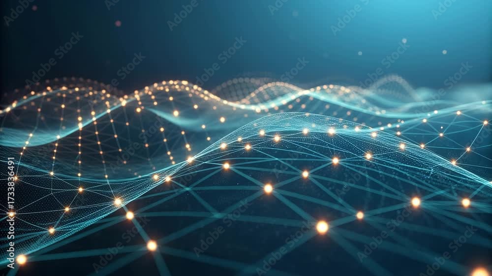 Flowing digital wave pattern of interconnected nodes and illuminated particles symbolizing global communication and big data technology.