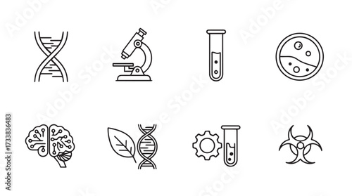 Set of 8 hand-drawn science icons featuring dna microscope test tube brain biology symbols vector