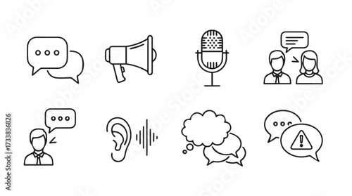 Hand drawn communication icons set speech bubbles microphone megaphone ear and people for design vector