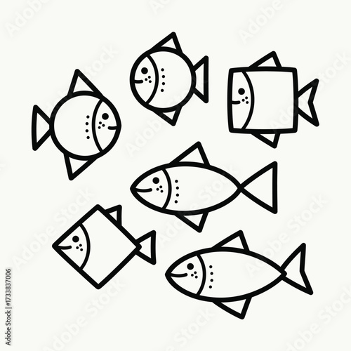 Vector illustration of group of stylized fish icons with simple geometric shapes and outlines isolated on a light background