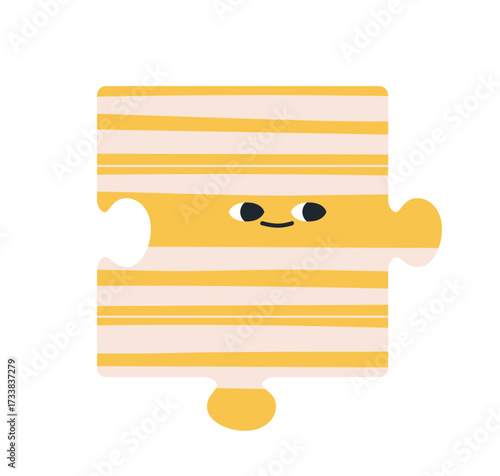 Puzzle character with smiling face, looking aside, watching with interest. Cute funny element, emoji with curious eyes, happy playful expression. Flat vector illustration isolated on white background.