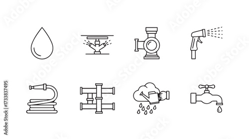 Set of outline icons representing water conservation pumping and irrigation systems for sustainable fluid management vector