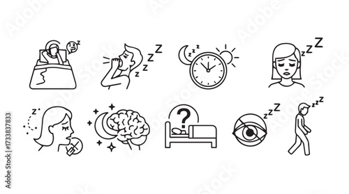Set of icons depicting sleep issues insomnia and fatigue symptoms simple line art representations vector