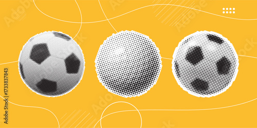 Halftone Soccer Balls Vector Illustration with Abstract Background and Geometric Shapes
