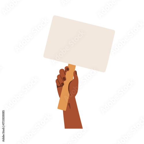 Holding protest signboard. Hand raised up with blank placard, paper sheet on wood stick. Empty banner, picket and strike sign board, clean background. Flat vector illustration isolated on white.