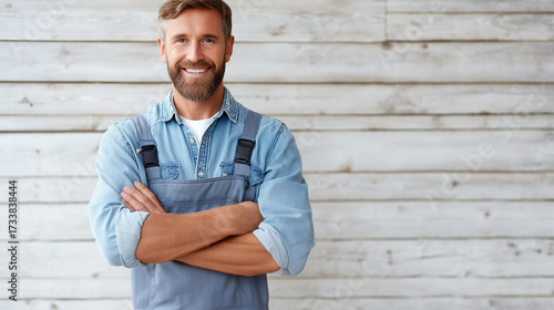 Smiling handyman with a beard, denim shirt and overalls, standing with crossed arms in front of a wooden wall.