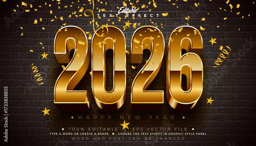 2026 Happy New Year Editable Text Effect Design Vector Graphic Style with Gold 3D Bold Typography Lettering and Falling Confetti on Dark Background. Christmas Holiday Illustration for Greeting Card