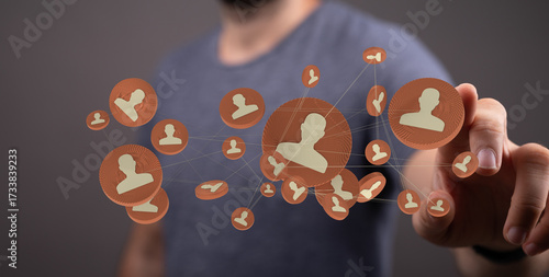 Man touching virtual network, symbolizing connection, community, and expanded reach. Ideal for business, technology and social media concepts.