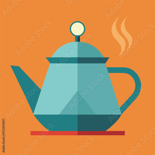 Flat design illustration of a steaming teapot on an orange background