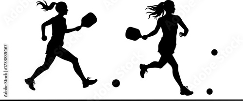 Female Pickleball Players Silhouette with Paddles