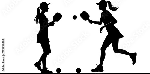 Female Pickleball Players Silhouette with Paddles
