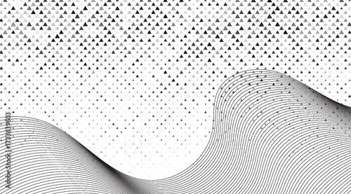 Elegant abstract background features a gradient of gray triangles descending into a field of dispersed dots, transitioning into flowing parallel lines for a modern design