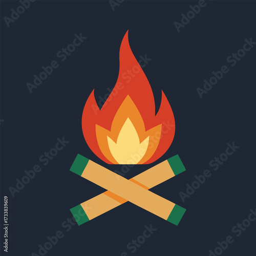 Campfire with crossed logs and green tips on dark background