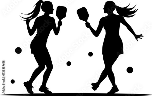 Female Pickleball Players Silhouette with Paddles