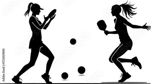 Female Pickleball Players Silhouette with Paddles