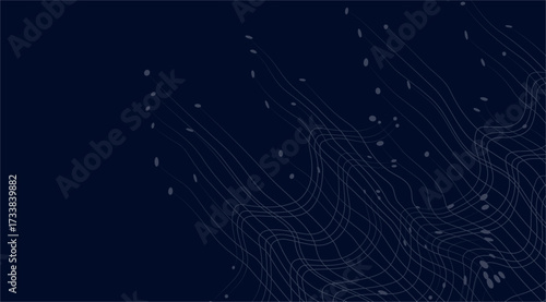 Abstract dark blue backdrop with curved lines and scattered dots creates a modern, flowing network effect, ideal for backgrounds emphasizing connectivity and data visualization