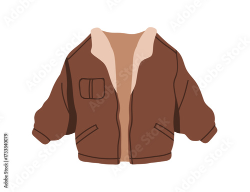 Aviator jacket. Warm outerwear with soft collar. Modern trendy casual style clothing, stylish apparel. Autumn garment, fashion wear. Flat vector illustration isolated on white background.