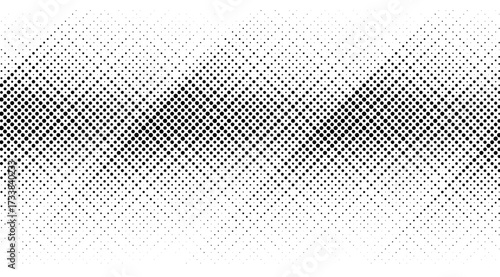 Abstract black halftone dots on a white background create a textured gradient effect, ideal for modern designs and backgrounds requiring a dynamic visual pattern