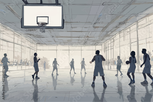 Group of players practicing basketball in a gym with sunlight  