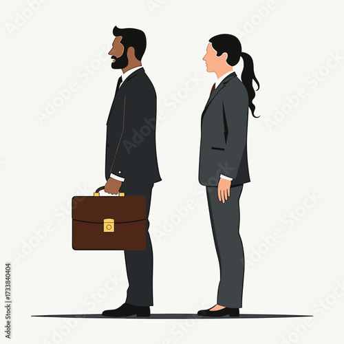 Isolated man and woman standing sideways are waiting in formal wear. Isolated characters in suits stand on line ready for work, wearing professional attire and carrying a briefcase.