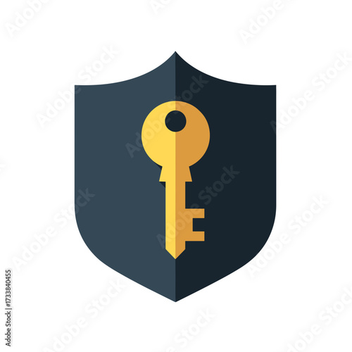 Isolated illustration shows golden key placed upon dark blue shield. Isolated graphic depicts key and shield as symbols of protection and safety, embodying key values.
