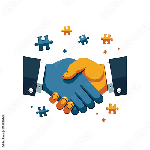 Handshake depicting a partnership with colorful puzzle pieces, agreement symbolizing teamwork.
