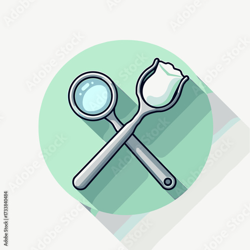 Isolated spoons illustration with mint-colored circle providing contrast. Two isolated spoons are crossing each other, featuring an empty one and another containing flour.