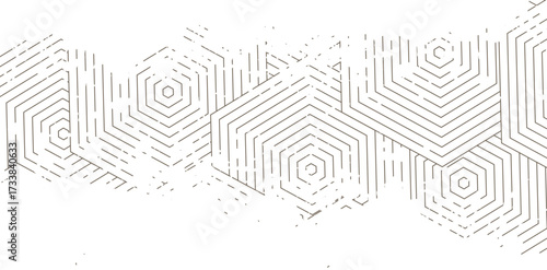 Monochrome geometric background features layered hexagon shapes and textured lines, creating a modern, abstract pattern with a minimalist, elegant, and sophisticated aesthetic