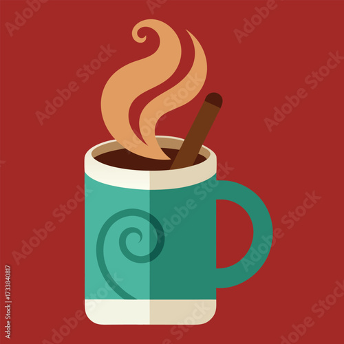 A steaming mug of hot chocolate with a cinnamon stick and swirling steam