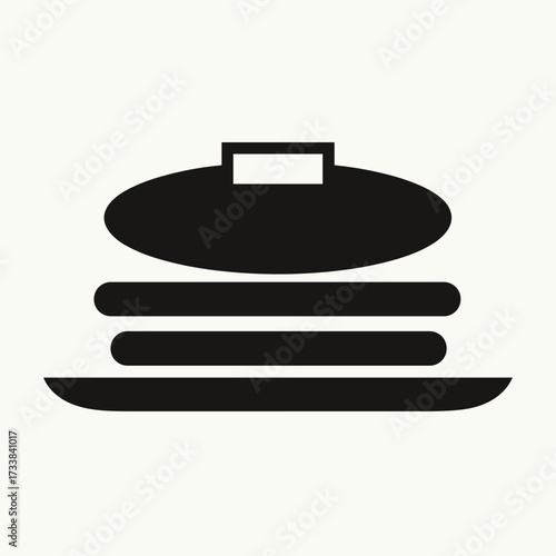 Isolated food icon shows stack of pancakes on plate in simple black and white design. Isolated food stack suggests delicious breakfast, brunch item, or tempting dessert.