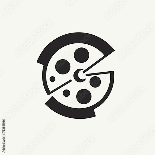Isolated pizza slice with toppings on light surface, forming circular shape. Isolated pizza slice makes you hungry with black pepperoni, cut off the slice, simple style.