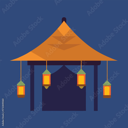 An ornate pavilion with hanging lanterns illuminated at dusk