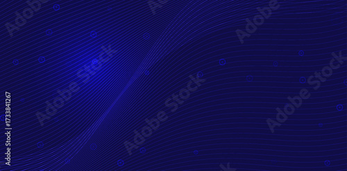 Elegant dark blue backdrop featuring subtle curved lines and scattered geometric square shapes creating a modern and sophisticated abstract design with a glowing gradient effect