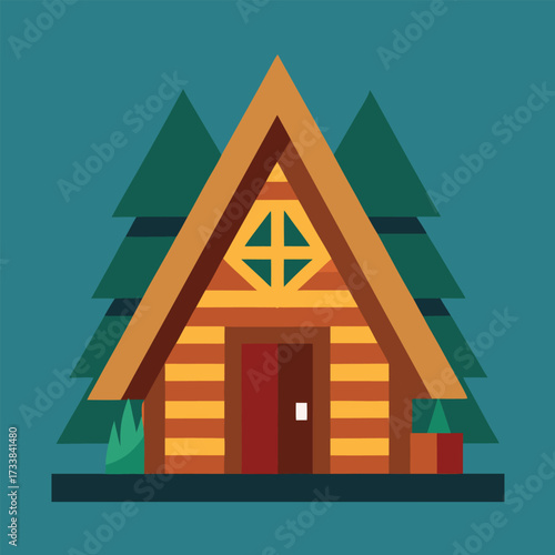 Aframe log cabin nestled among tall green pine trees in forest