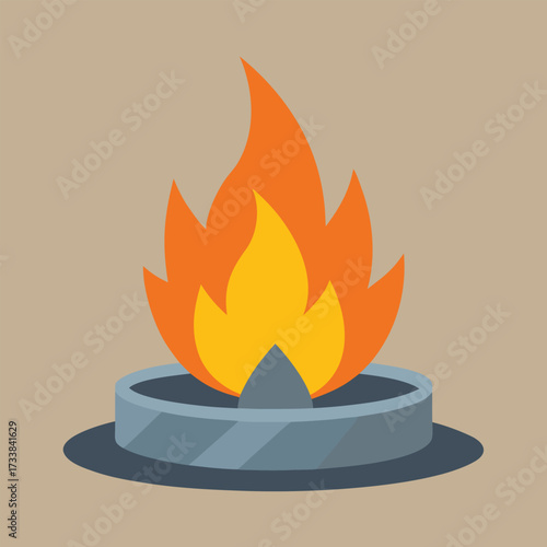 Campfire with bright orange and yellow flames on a neutral background