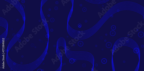 Navy blue background featuring curved blue lines and circular shapes creates an elegant and modern abstract design with a simple yet visually appealing aesthetic