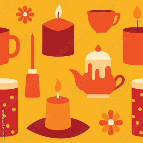 Cozy autumn scene with candles, tea, and flowers on yellow background