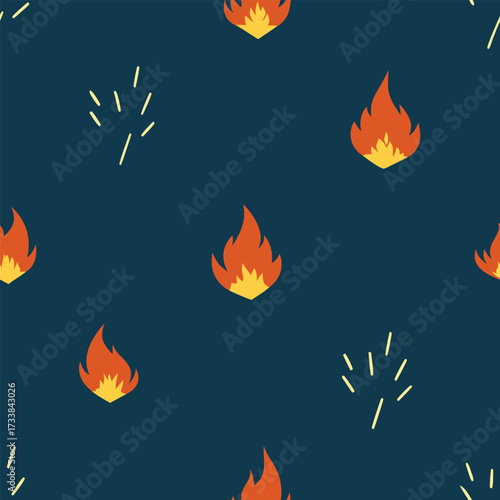 Seamless pattern of stylized flames and sparks on a dark background