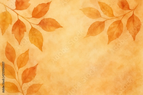 Autumn leaves in warm orange tones on soft watercolor background, perfect for seasonal designs, copy space.