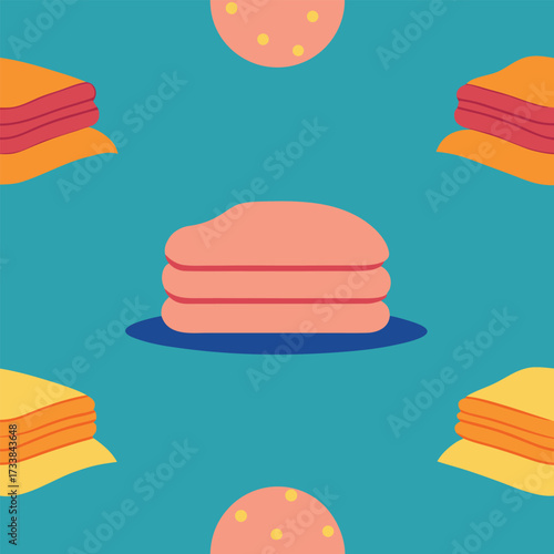 Seamless pattern of stacked colorful towels on a teal background