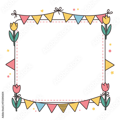 Decorative frame with colorful flags, tulips, and confetti, creating a festive border.