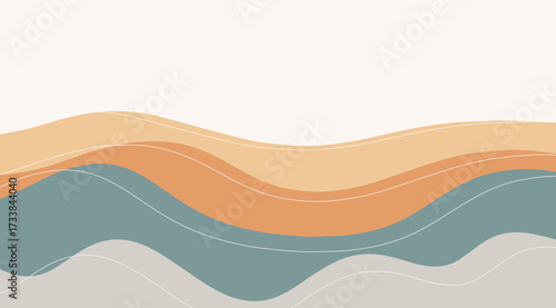 Abstract background featuring smooth, wavy lines in shades of beige, orange, teal, and gray, creating a calming and modern aesthetic against a light cream backdrop