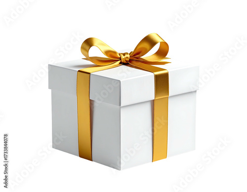 A white gift box with golden ribbon and bow sits isolated on a black backdrop