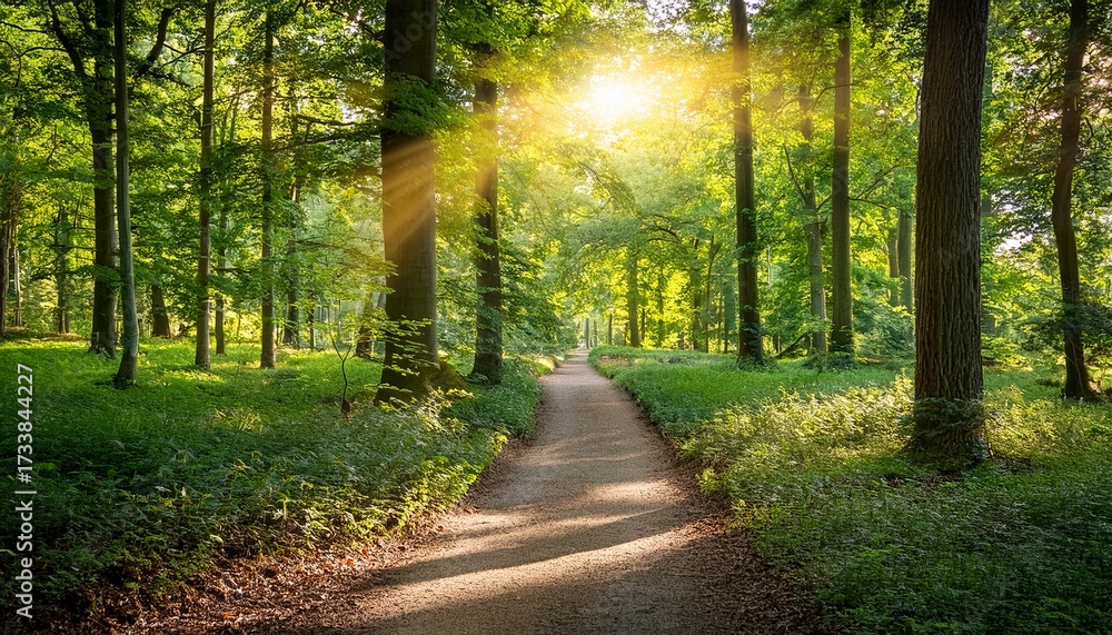Obraz premium Sunlight Streams Through A Forest Illuminating A Path Lined With Green Foliage Ai Generative
