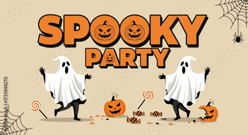 Cartoon Spooky Party with Ghost and Pumpkin Illustration for Halloween Celebration