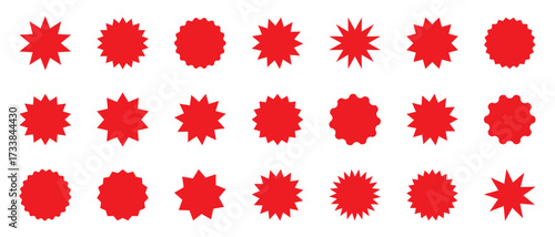 Collection of red starburst shapes, price tags and sale stickers. Wavy edge round badges and blank promo labels. Flat silhouette symbols isolated on transparent background for advertising and discount